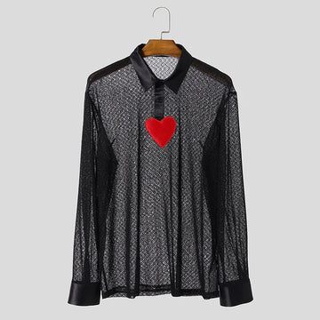 AIDASE  -  Tops 2025 American Style Sexy Men Hollowed Love Pattern Shirt Casual Clubwear Male Hot Selling Lapel Long Sleeved Blouse aidase-shop